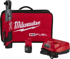 Milwaukee Tool - 1/2" Drive 12 Volt Pistol Grip Cordless Impact Wrench & Ratchet - 175 RPM, 60 Ft/Lb Torque, 2 Lithium-Ion Batteries Included - Makers Industrial Supply