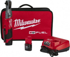 Milwaukee Tool - 3/8" Drive 12 Volt Pistol Grip Cordless Impact Wrench & Ratchet - 200 RPM, 55 Ft/Lb Torque, 2 Lithium-Ion Batteries Included - Makers Industrial Supply