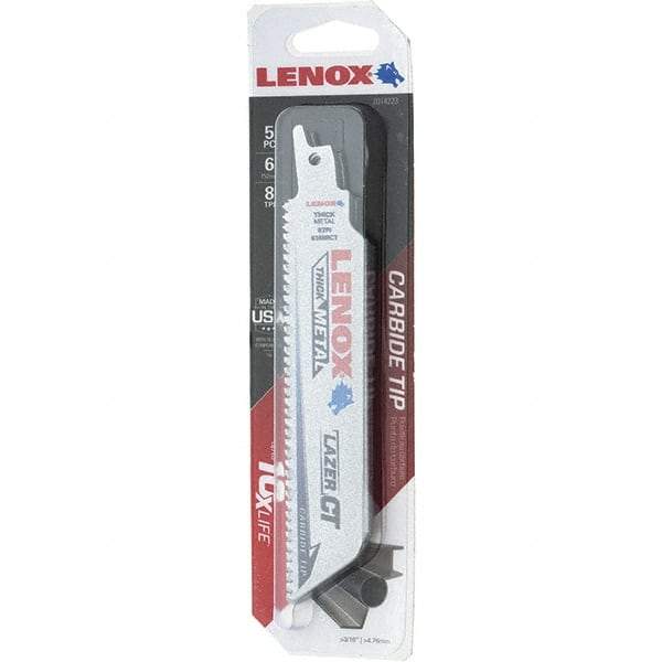 Lenox - 6" Long x 1" Thick, Bi-Metal Reciprocating Saw Blade - Tapered Profile, 8 TPI, Toothed Edge, Tang Shank - Makers Industrial Supply