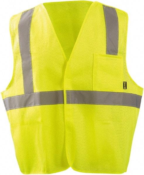 OccuNomix - Size M High Visibility Yellow Mesh Breakaway Vest - 50" Chest, ANSI 107-2015, Hook & Loop Closure, 2 Pockets, Polyester - Makers Industrial Supply