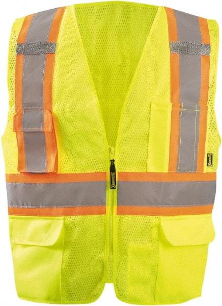 OccuNomix - Size 4XL High Visibility Yellow Mesh Surveyor's Vest - 68" Chest, ANSI 107-2015, Zipper Closure, 11 Pockets, Polyester - Makers Industrial Supply