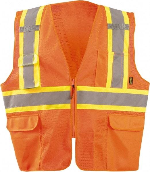 OccuNomix - Size XL High Visibility Orange Mesh Surveyor's Vest - 56" Chest, ANSI 107-2015, Zipper Closure, 11 Pockets, Polyester - Makers Industrial Supply