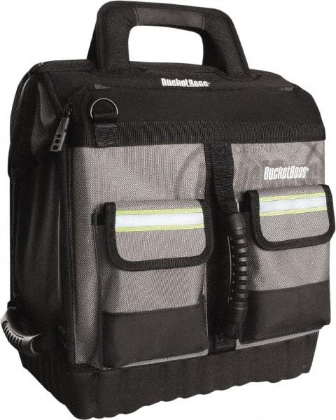 Bucket Boss - 16 Pocket Black, Yellow & Gray Ballistic Polyester Tool Bag - 14" Wide x 11" Deep x 14" High - Makers Industrial Supply