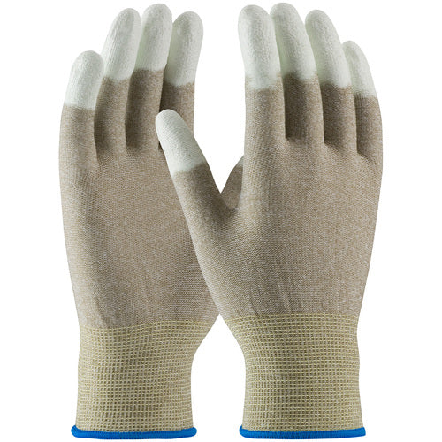 ‎40-6416/L CE Seamless Knit Gloves - Nylon and Copper Fiber Yarns - White PU Coated Finger Tips - Exact Industrial Supply