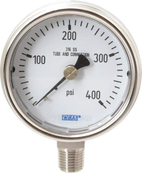 Wika - 2-1/2" Dial, 1/4 Thread, 0-400 Scale Range, Pressure Gauge - Lower Connection Mount, Accurate to 2-1-2% of Scale - Makers Industrial Supply