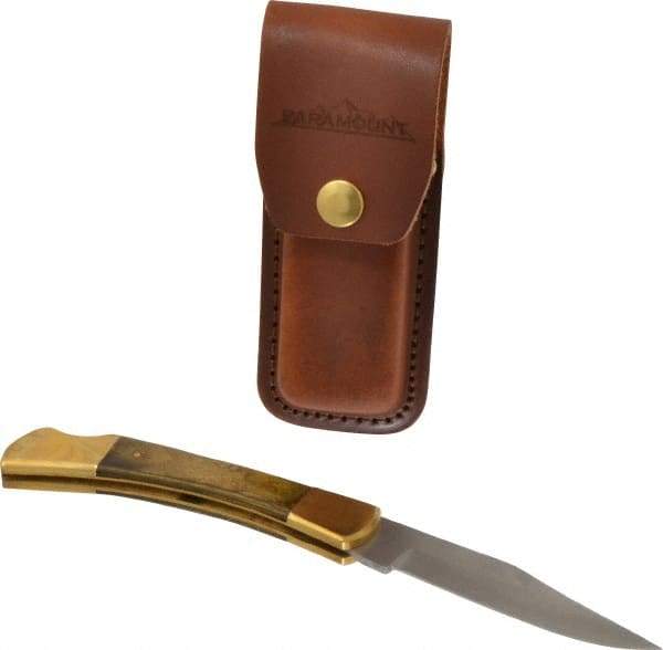 Paramount - 3-3/4" Blade, 8-1/2" OAL, Clip Point Folding Knife - 4-3/4" Closed Length, Wood, 1 Blade, Solid Brass Bolsters & Pins/Leather Sheath - Makers Industrial Supply