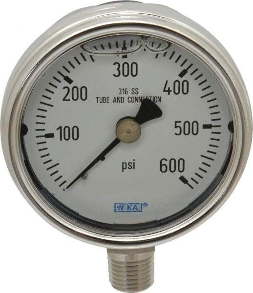 Wika - 2-1/2" Dial, 1/4 Thread, 0-600 Scale Range, Pressure Gauge - Lower Connection Mount, Accurate to 2-1-2% of Scale - Makers Industrial Supply