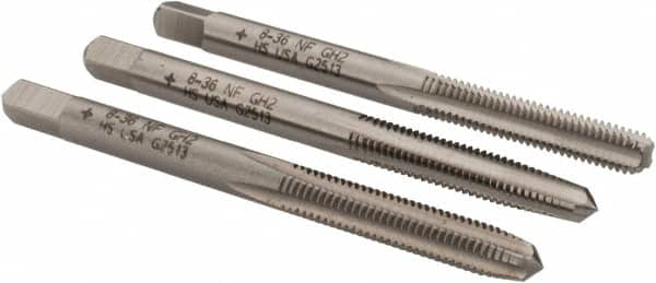 Cleveland - #8-36 UNF, 4 Flute, Bottoming, Plug & Taper, Bright Finish, High Speed Steel Tap Set - Right Hand Cut, 2-1/8" OAL, 0.38" Thread Length - Makers Industrial Supply