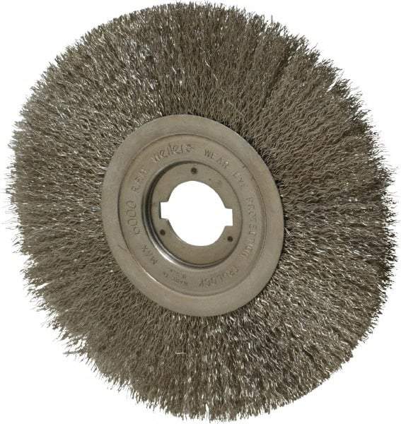 Weiler - 8" OD, 1-1/4" Arbor Hole, Crimped Stainless Steel Wheel Brush - 3/4" Face Width, 2-1/16" Trim Length, 0.0118" Filament Diam, 6,000 RPM - Makers Industrial Supply