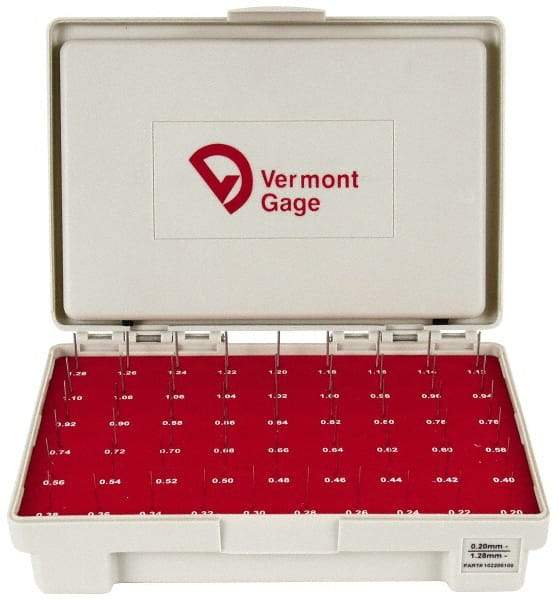 Vermont Gage - 55 Piece, 0.2-1.28 mm Diameter Plug and Pin Gage Set - Minus 0.01 mm Tolerance, Class ZZ - Makers Industrial Supply