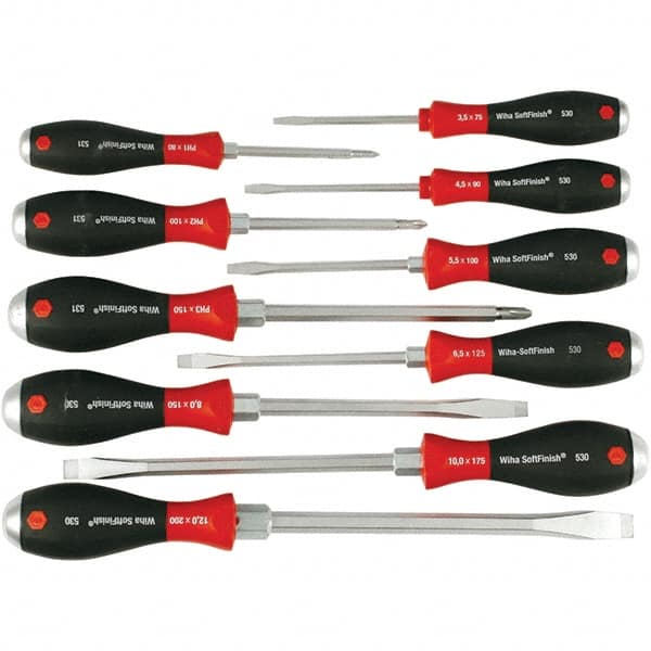 Wiha - 10 Piece Slotted & Phillips Screwdriver Set - Bit Sizes: Philips #1, #2 & #3, Comes in Box - Makers Industrial Supply