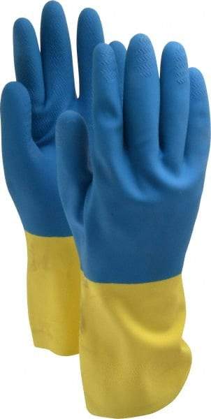 SHOWA - Size M (8), 12" Long, 26 mil Thick, Latex/Neoprene Chemical Resistant Gloves - Cotton Lined, Gauntlet Cuff, Blue/Yellow - Makers Industrial Supply