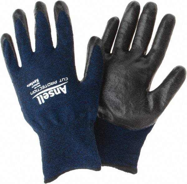 Ansell - Size L, ANSI Cut Lvl A4, Abrasion Lvl 5, Cut Resistant Gloves - Palm Coated, Black/Blue - Makers Industrial Supply