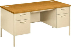 Hon - Laminate Top & Metal Base Double Pedestal Desk with Center Drawer - 60" Wide x 30" Deep x 29-1/2" High, Harvest/Putty - Makers Industrial Supply