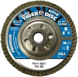 Weiler - 4-1/2" 36 Grit 5/8-11 Center Hole Type 29 Zirconia Alumina Flap Disc - Makers Industrial Supply