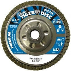 Weiler - 4-1/2" 36 Grit 5/8-11 Center Hole Type 29 Zirconia Alumina Flap Disc - Makers Industrial Supply