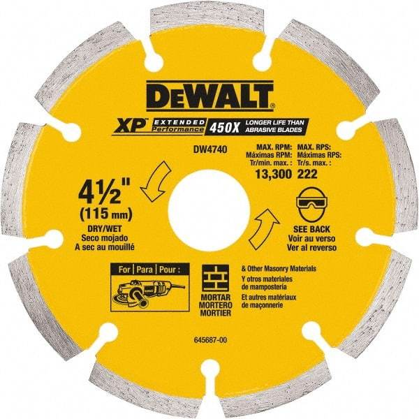 DeWALT - 4-1/2" Diam, 7/8" Arbor Hole Diam, Wet & Dry Cut Saw Blade - Diamond-Tipped, Standard Round Arbor - Makers Industrial Supply