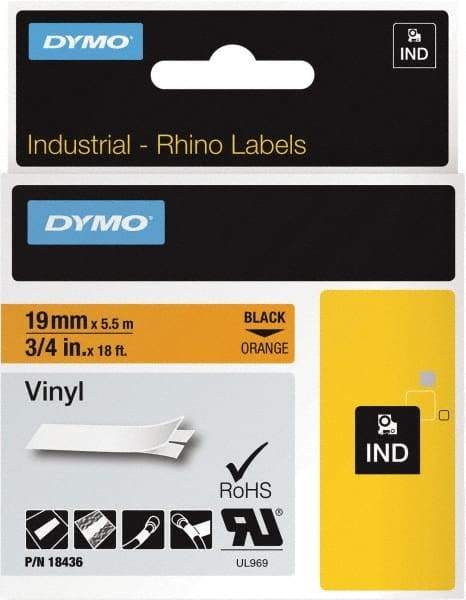 Dymo - 216" Long, Black on Orange Label Printer Cartridge - For DYMO Brand Labeling Equipment Designed for "D1" Tapes (Check Width Compatibility), RHINO 4200, 5200, 6000, 6500, 5000 - Makers Industrial Supply