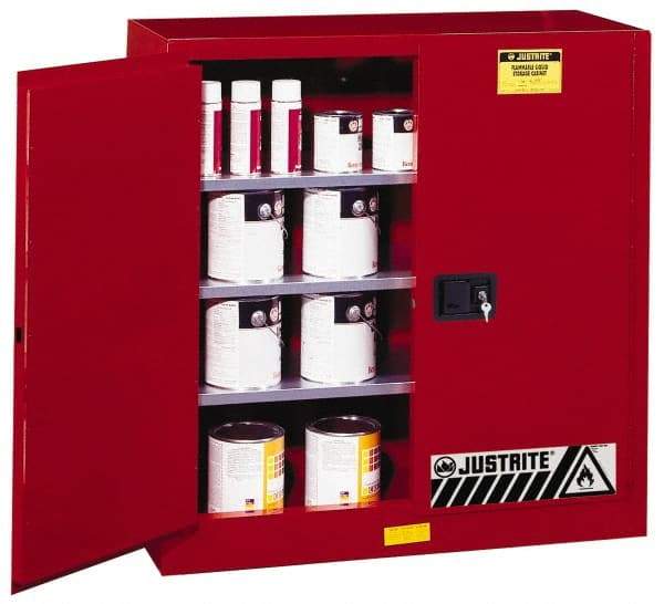 Justrite - 2 Door, 3 Shelf, Red Steel Standard Safety Cabinet for Flammable and Combustible Liquids - 44" High x 43" Wide x 18" Deep, Manual Closing Door, 3 Point Key Lock, 40 Gal Capacity - Makers Industrial Supply