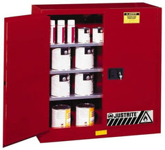 Justrite - 2 Door, 3 Shelf, Red Steel Standard Safety Cabinet for Flammable and Combustible Liquids - 44" High x 43" Wide x 18" Deep, Manual Closing Door, 3 Point Key Lock, 40 Gal Capacity - Makers Industrial Supply