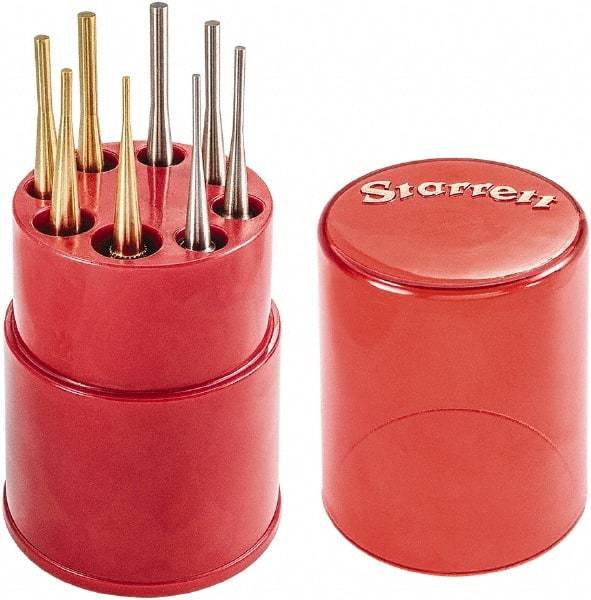 Starrett - 8 Piece, 1/16 to 5/32", Pin Punch Set - Round Shank, Brass & Steel, Comes in Plastic Tube - Makers Industrial Supply