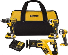 DeWALT - 20 Volt Cordless Tool Combination Kit - Includes 1/2" Drill/Driver, 1/4" Impact Driver, Reciprocating Saw & LED Worklight, Lithium-Ion Battery Included - Makers Industrial Supply