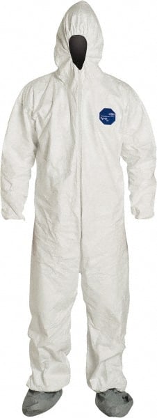 Disposable Coveralls: Size Medium, 1.2 oz, Film Laminate, Zipper Closure White, Serged Seam, Elastic Cuff, Elastic Ankle, ISO Non-Cleanroom Class