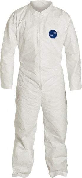 Dupont - Size L Film Laminate General Purpose Coveralls - White, Zipper Closure, Open Cuffs, Open Ankles, Serged Seams - Makers Industrial Supply