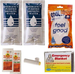 PRO-SAFE - Emergency Preparedness Kits Type: Cool Down Emergency Kit Contents: (2) Emergency Drinking Water Packets; (2) Sunscreen + Insect Repellant Cream; Cooling Towel; Emergency Mylar Blanket; Lip Balm - Makers Industrial Supply