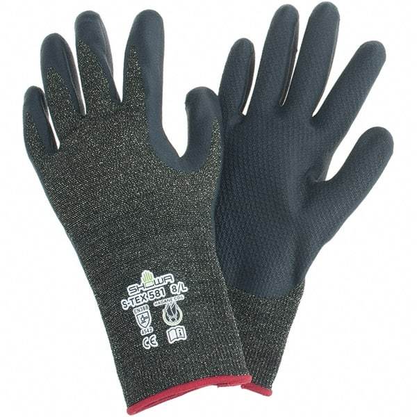 SHOWA - Size L (8), ANSI Cut Lvl A5, Abrasion Lvl 4, Foam Nitrile Coated Polyester/Nylon/Stainless Steel/Kevlar Cut Resistant Gloves - Palm & Fingertips Coated, Knit Wrist, Black/Salt & Pepper, Paired - Makers Industrial Supply