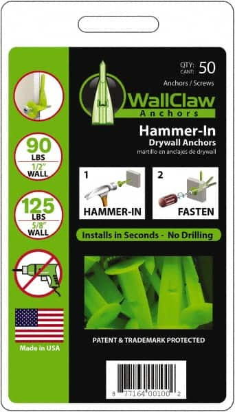 WallClaw Anchors - #8 Screw, 1/2" Diam, 2" Long, 1/4" Thick, Hammer-In Drywall & Hollow Wall Anchor - Nylon, Use with Drywall & Hollow Wall - Makers Industrial Supply