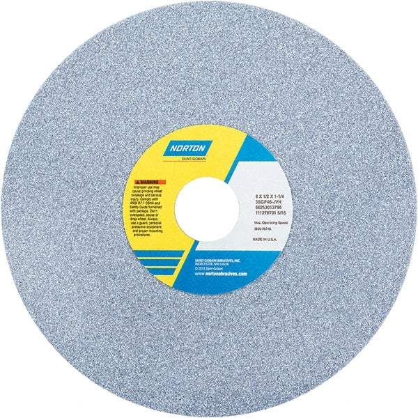 Norton - 8" Diam x 1-1/4" Hole x 1/2" Thick, J Hardness, 46 Grit Surface Grinding Wheel - Ceramic, Type 1, Coarse Grade, 3,600 Max RPM - Makers Industrial Supply