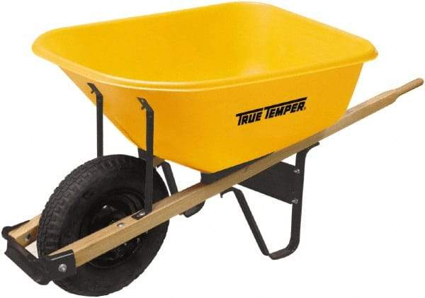 True Temper - 6 Cu Ft Capacity Wheelbarrow with 16" Pneumatic Wheel - Hardwood Handle, 60" Long x 30" Wide x 27" High, Yellow - Makers Industrial Supply