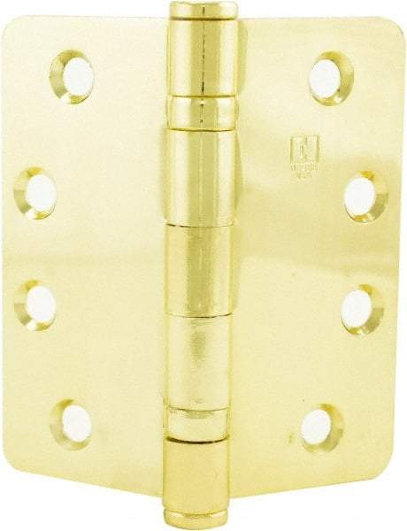 Hager - 4" Wide x 4" High 5/8 Radius Residential Hinge - Round Edge, Steel, Bright Brass Finish - Makers Industrial Supply