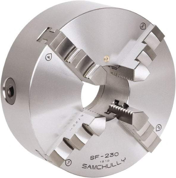 Samchully - 4 Jaw, 232mm Diam, Self Centering Manual Lathe Chuck - Rear Mount, Adjustable, 75mm Through Hole Diam, Forged Steel - Makers Industrial Supply