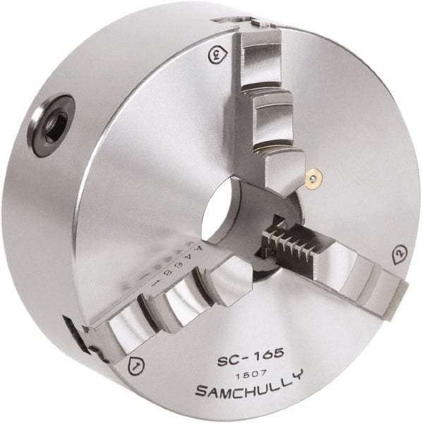 Samchully - 3 Jaw, 405mm Diam, Self Centering Manual Lathe Chuck - Rear Mount, Adjustable, 130mm Through Hole Diam, Forged Steel - Makers Industrial Supply