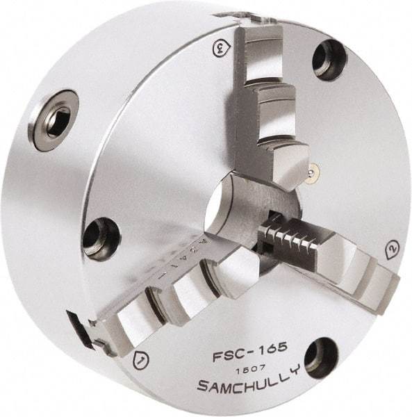 Samchully - 3 Jaw, 167mm Diam, Self Centering Manual Lathe Chuck - Front Mount, Adjustable, 45mm Through Hole Diam, Forged Steel - Makers Industrial Supply