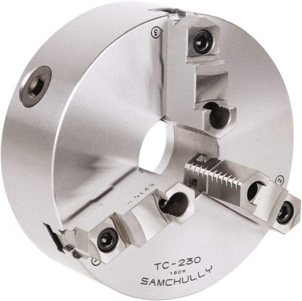 Samchully - 3 Jaw, 232mm Diam, Self Centering Manual Lathe Chuck - Rear Mount, Adjustable, 75mm Through Hole Diam, Forged Steel - Makers Industrial Supply