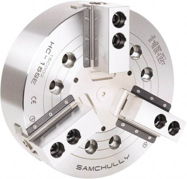 Samchully - 3 Jaw, 450mm Chuck Diam, Plain Back Mount, 0mm Through Hole Diam, Drawbar Hydraulic Power Lathe Chuck - 1.5mm x 60° Serrated Jaw Interface, 2,710 RPM, Steel Body - Makers Industrial Supply