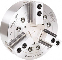 Samchully - 3 Jaw, 381mm Chuck Diam, Plain Back Mount, 0mm Through Hole Diam, Drawbar Hydraulic Power Lathe Chuck - 1.5mm x 60° Serrated Jaw Interface, 3,040 RPM, Steel Body - Makers Industrial Supply