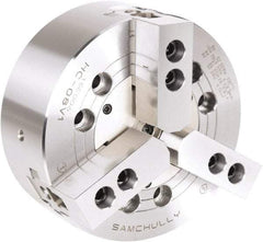 Samchully - 3 Jaw, 254mm Chuck Diam, Plain Back Mount, 0mm Through Hole Diam, Drawbar Hydraulic Power Lathe Chuck - 1.5mm x 60° Serrated Jaw Interface, 4,010 RPM, Steel Body - Makers Industrial Supply