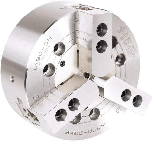 Samchully - 3 Jaw, 800mm Chuck Diam, Plain Back Mount, 0mm Through Hole Diam, Drawbar Hydraulic Power Lathe Chuck - 3mm x 60° Serrated Jaw Interface, 800 RPM, Steel Body - Makers Industrial Supply