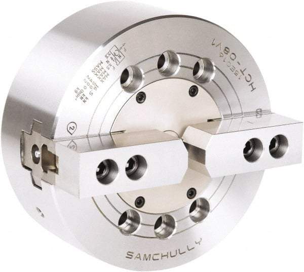 Samchully - 2 Jaw, 165mm Chuck Diam, Plain Back Mount, 0mm Through Hole Diam, Drawbar Hydraulic Power Lathe Chuck - 1.5mm x 60° Serrated Jaw Interface, 5,000 RPM, Steel Body - Makers Industrial Supply