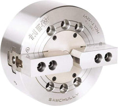 Samchully - 2 Jaw, 210mm Chuck Diam, Plain Back Mount, 0mm Through Hole Diam, Drawbar Hydraulic Power Lathe Chuck - 1.5mm x 60° Serrated Jaw Interface, 3,600 RPM, Steel Body - Makers Industrial Supply