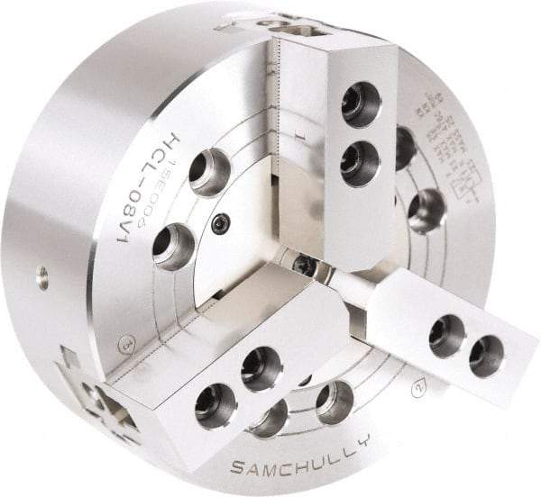 Samchully - 3 Jaw, 165mm Chuck Diam, Plain Back Mount, 0mm Through Hole Diam, Drawbar Hydraulic Power Lathe Chuck - 1.5mm x 60° Serrated Jaw Interface, 4,300 RPM, Steel Body - Makers Industrial Supply