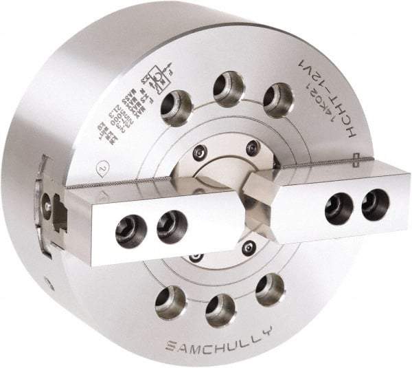 Samchully - 2 Jaw, 381mm Chuck Diam, Plain Back Mount, 0mm Through Hole Diam, Drawtube Hydraulic Power Lathe Chuck - 1.5mm x 60° Serrated Jaw Interface, 2,500 RPM, Steel Body - Makers Industrial Supply