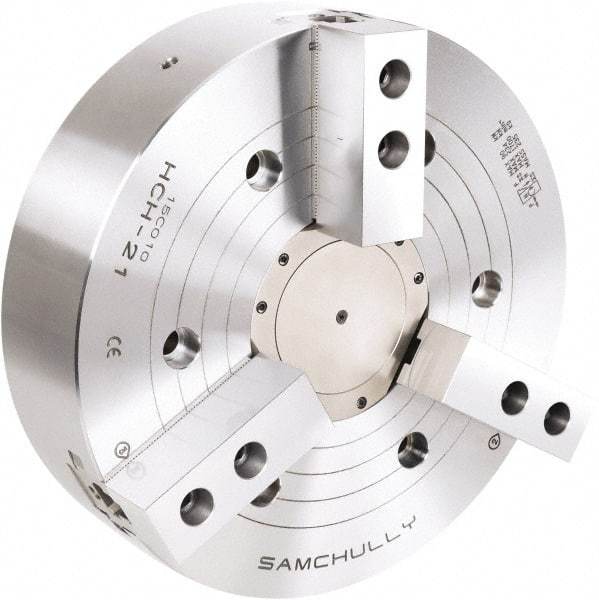 Samchully - 3 Jaw, 610mm Chuck Diam, Plain Back Mount, 165mm Through Hole Diam, Drawtube Hydraulic Power Lathe Chuck - 3mm x 60° Serrated Jaw Interface, 1,500 RPM, Steel Body - Makers Industrial Supply