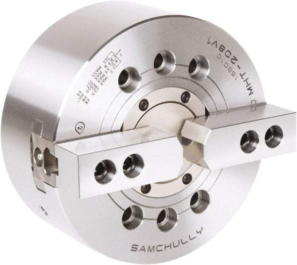 Samchully - 2 Jaw, 210mm Chuck Diam, Plain Back Mount, 66mm Through Hole Diam, Drawtube Hydraulic Power Lathe Chuck - 1.5mm x 60° Serrated Jaw Interface, 5,000 RPM, Steel Body - Makers Industrial Supply