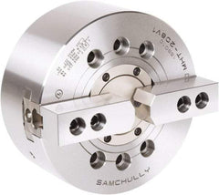 Samchully - 2 Jaw, 175mm Chuck Diam, Plain Back Mount, 52mm Through Hole Diam, Drawtube Hydraulic Power Lathe Chuck - 1.5mm x 60° Serrated Jaw Interface, 6,000 RPM, Steel Body - Makers Industrial Supply