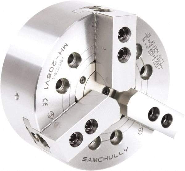 Samchully - 3 Jaw, 610mm Chuck Diam, Plain Back Mount, 190mm Through Hole Diam, Drawtube Hydraulic Power Lathe Chuck - 1.5mm x 60° Serrated Jaw Interface, 1,400 RPM, Steel Body - Makers Industrial Supply